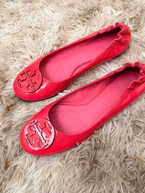 Tory Burch Coral-Red Patent Logo Ballet Flats